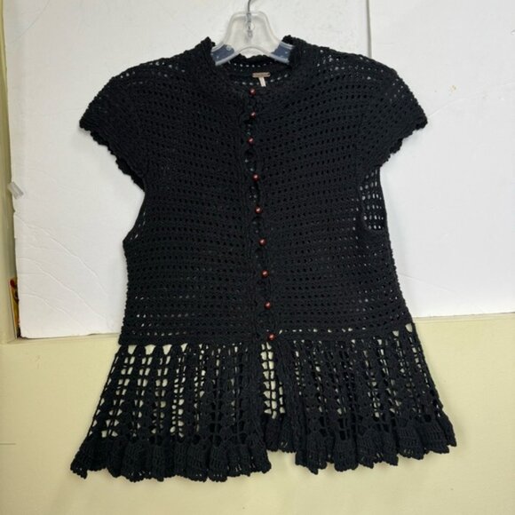 Free People Crochet Boho Cotton Peplum Top Buttons Cardigan Sweater Black M - Picture 2 of 12